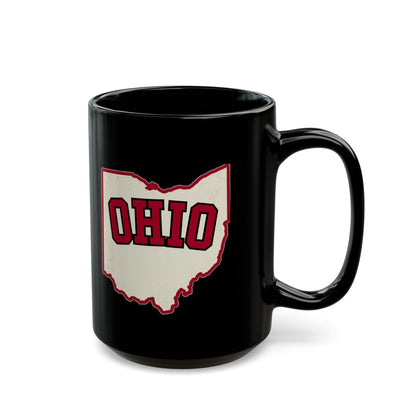 Black mug with "OHIO" text inside a cream-colored outline of Ohio.