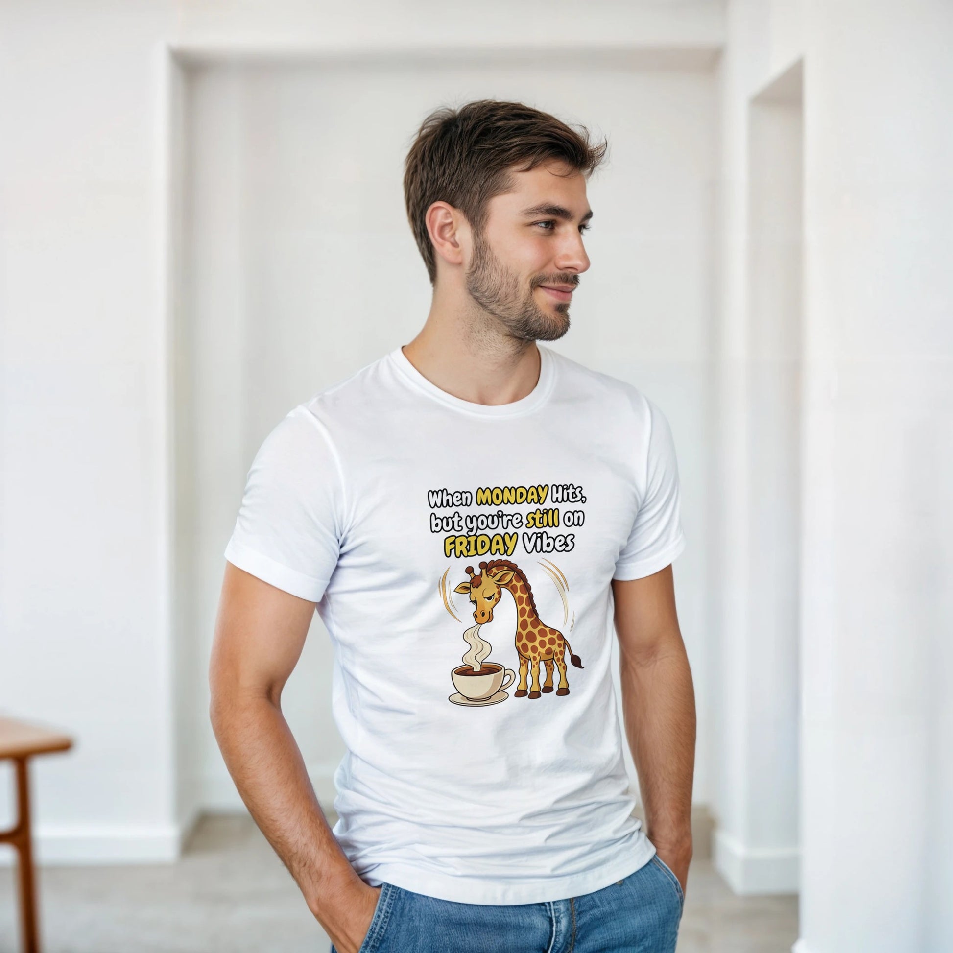 When MONDAY Hits, But You're Still On FRIDAY Vibes Giraffe on a Heavyweight T on a shirt