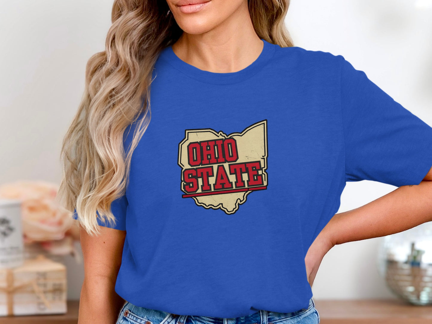 Blue t-shirt with red and yellow "Ohio State" text within a state outline.