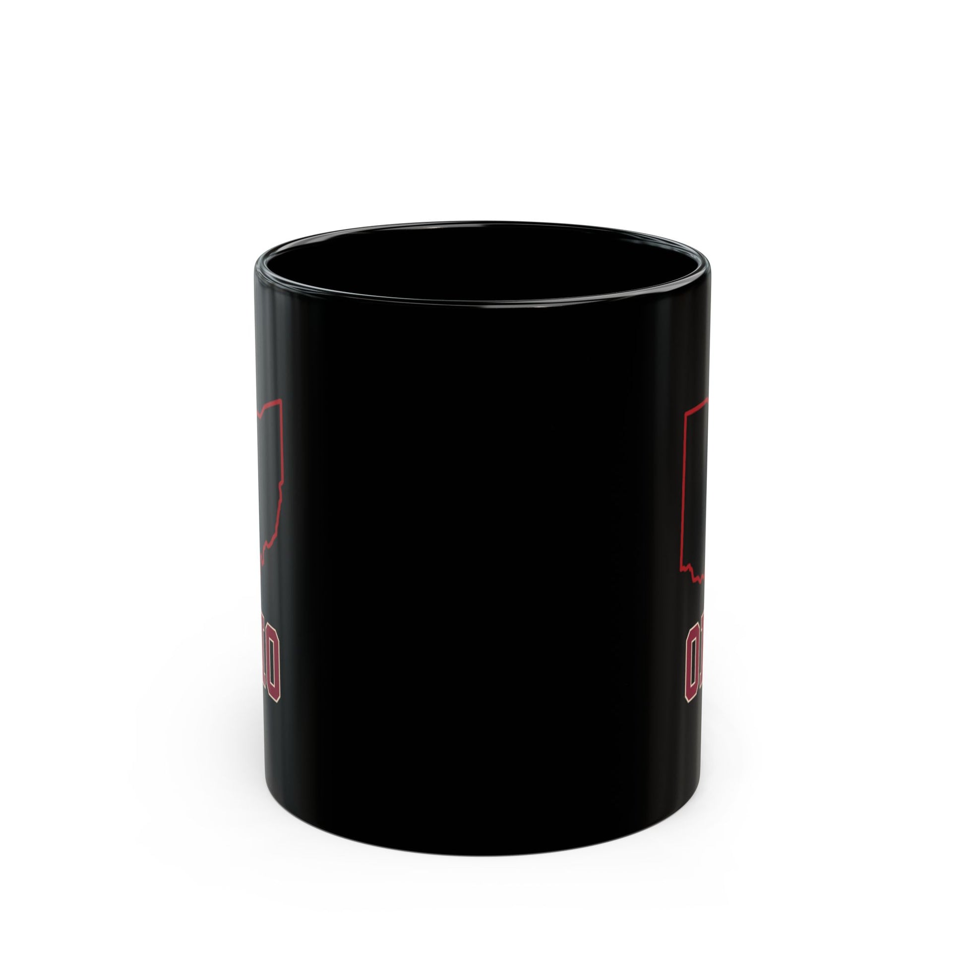Black mug with red outline of Ohio and "OHIO" text.