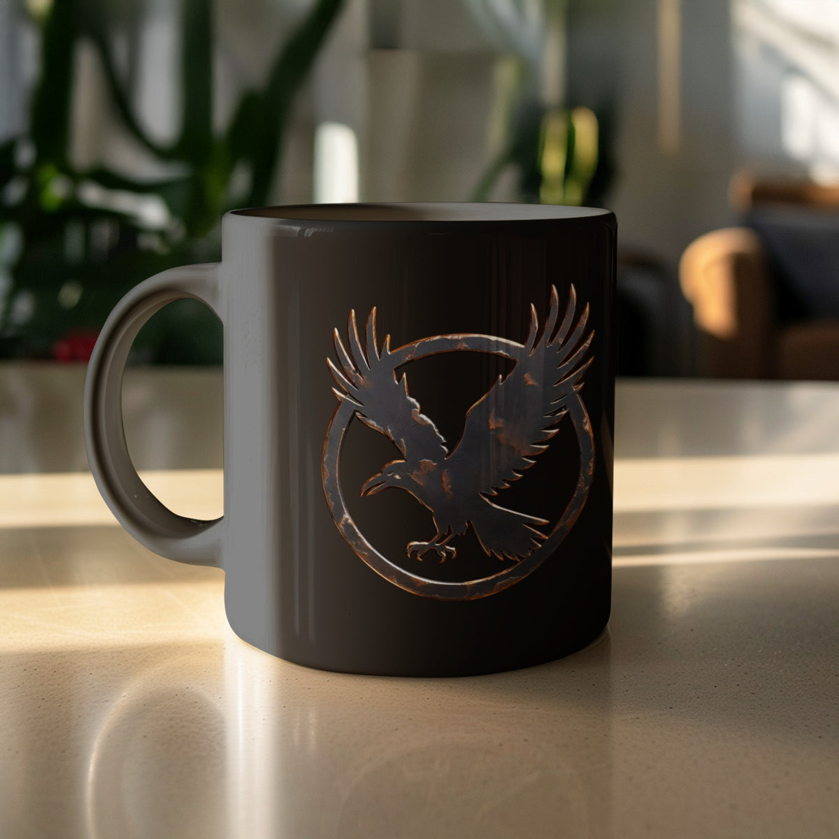 Black mug with a stylized eagle emblem within a circular border.