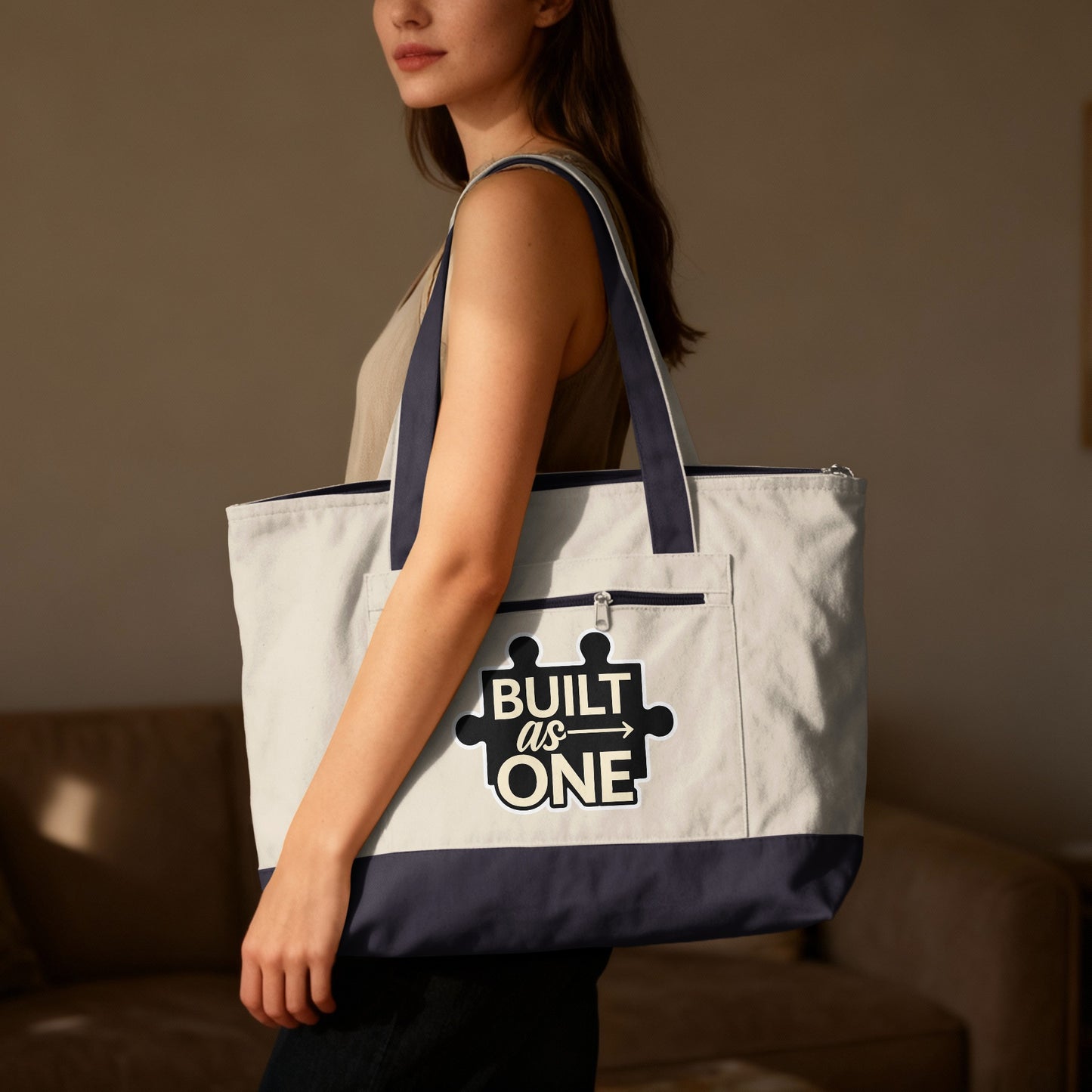 Built as One Puzzle Themed Tote Bag with Zipper Closure