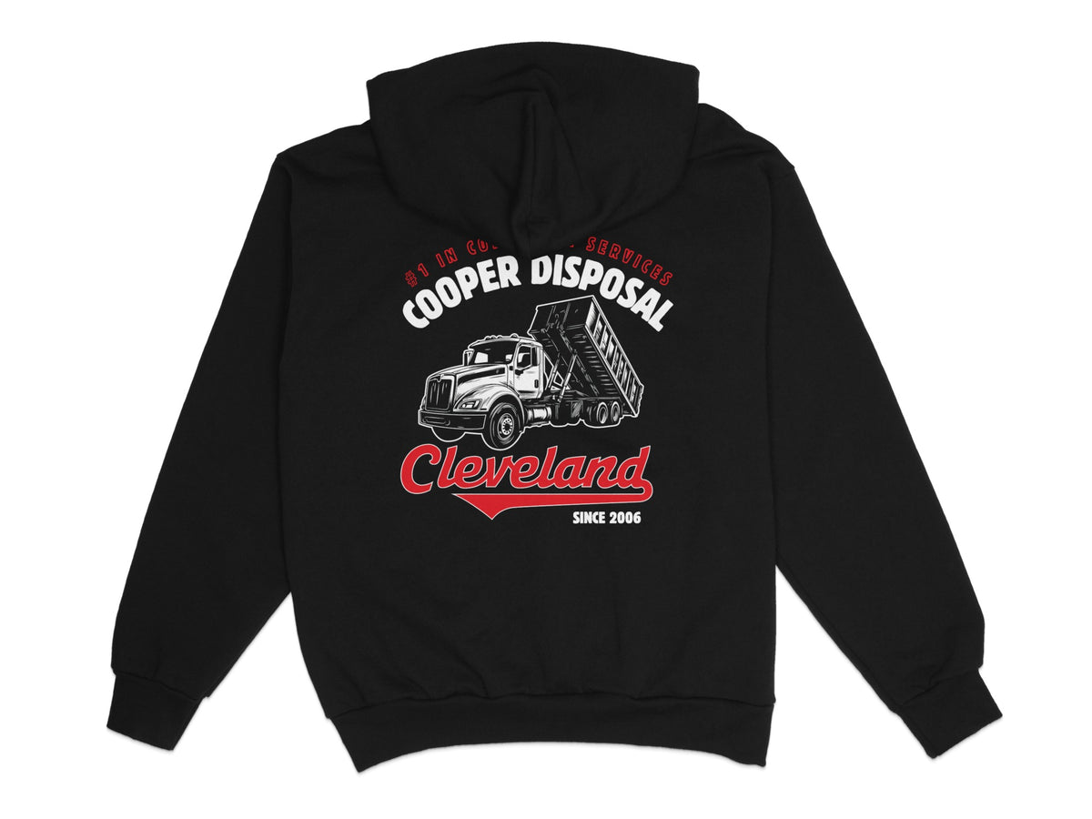 Black hoodie with Cooper Disposal logo featuring a truck and Cleveland since 2006.