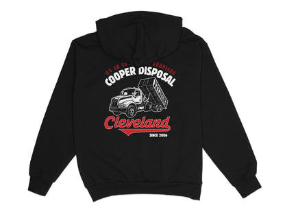 Black hoodie with Cooper Disposal logo featuring a truck and Cleveland since 2006.
