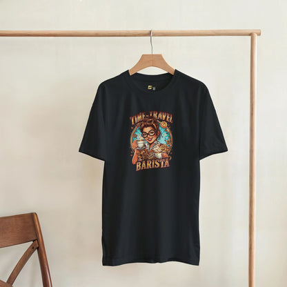 Time-Travel Barista graphic design on a Heavyweight T-shirt