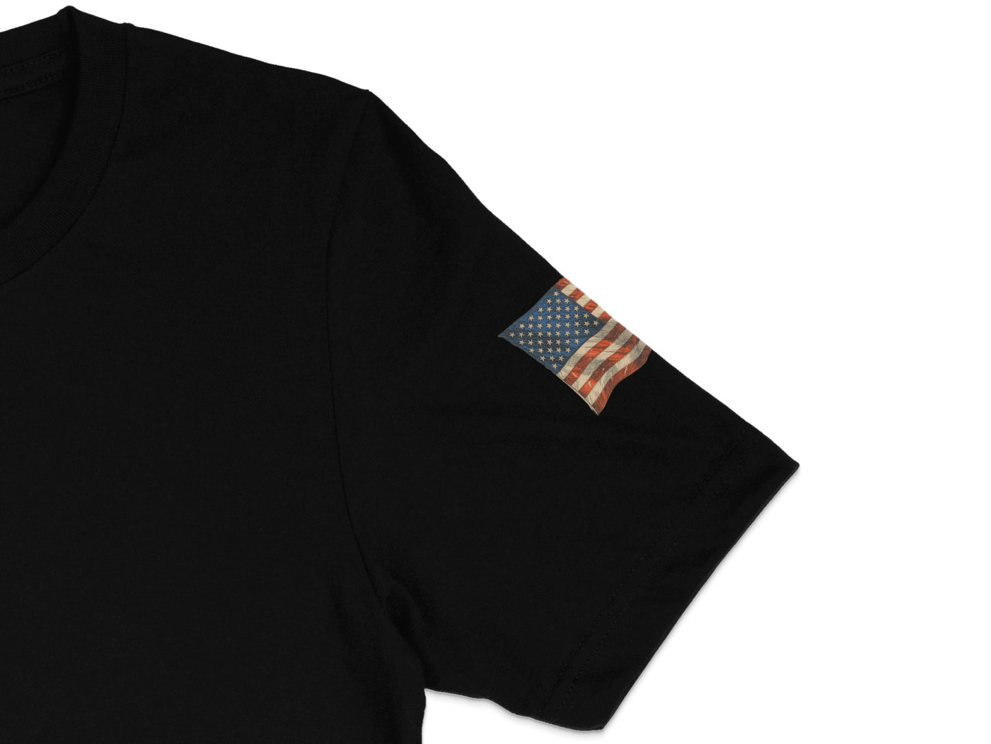 Black t-shirt with American flag patch on the left sleeve.