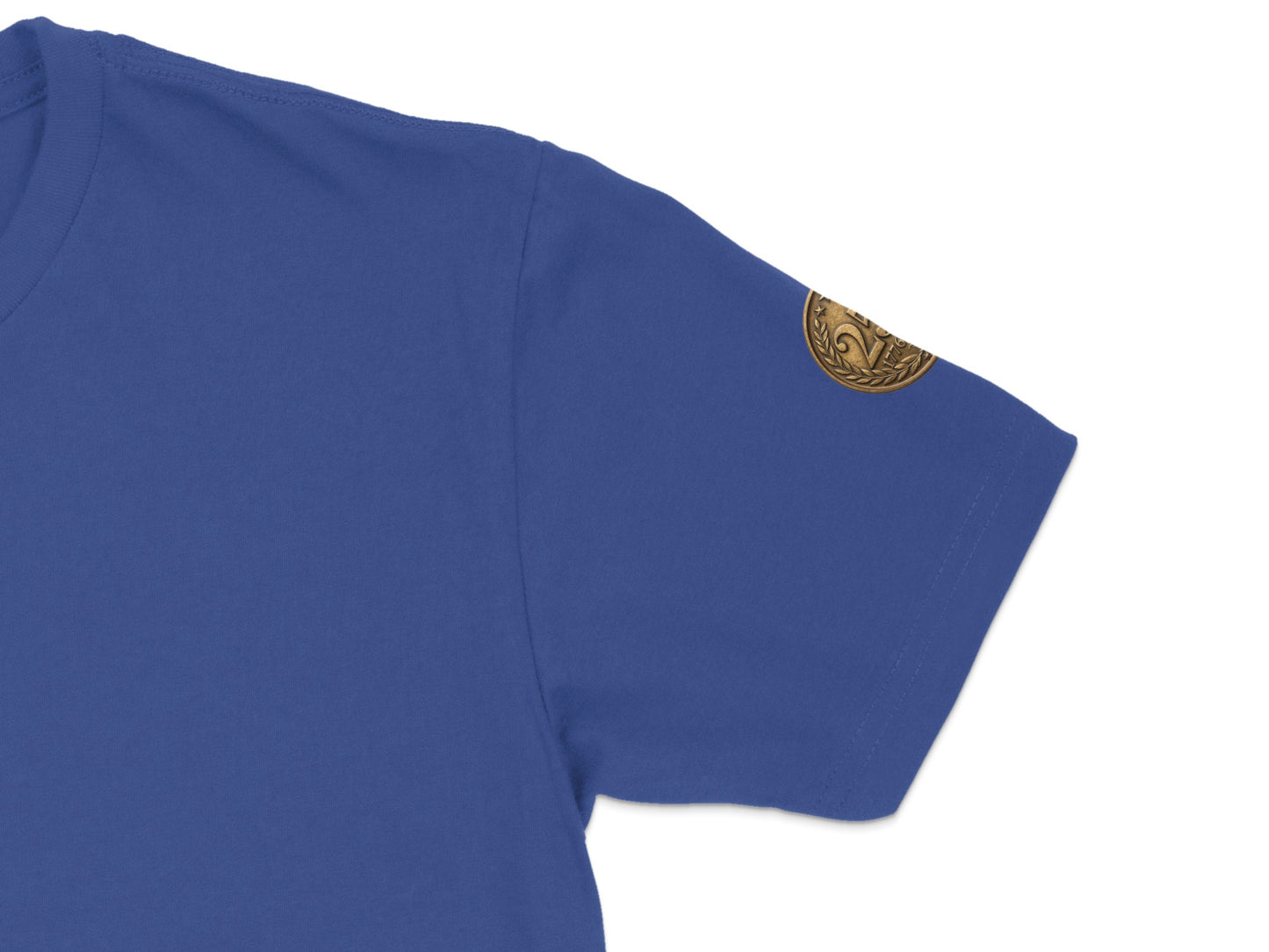 Royal blue t-shirt sleeve with gold emblem.