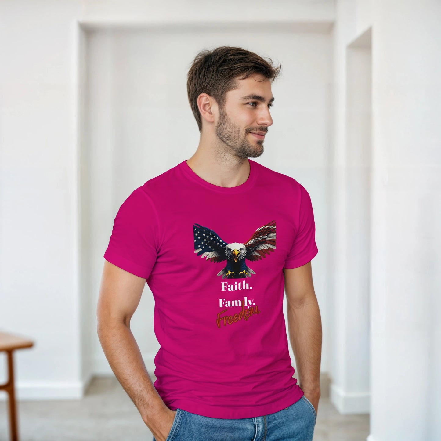 Faith. Family. Freedom. Patriotic Eagle on a Heavyweight T-shirt