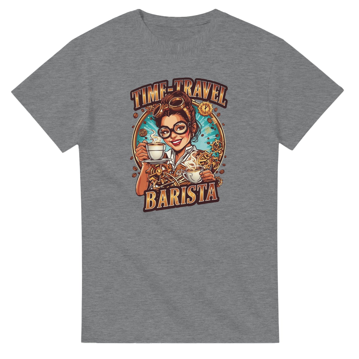 Time-Travel Barista graphic design on a Heavyweight T-shirt
