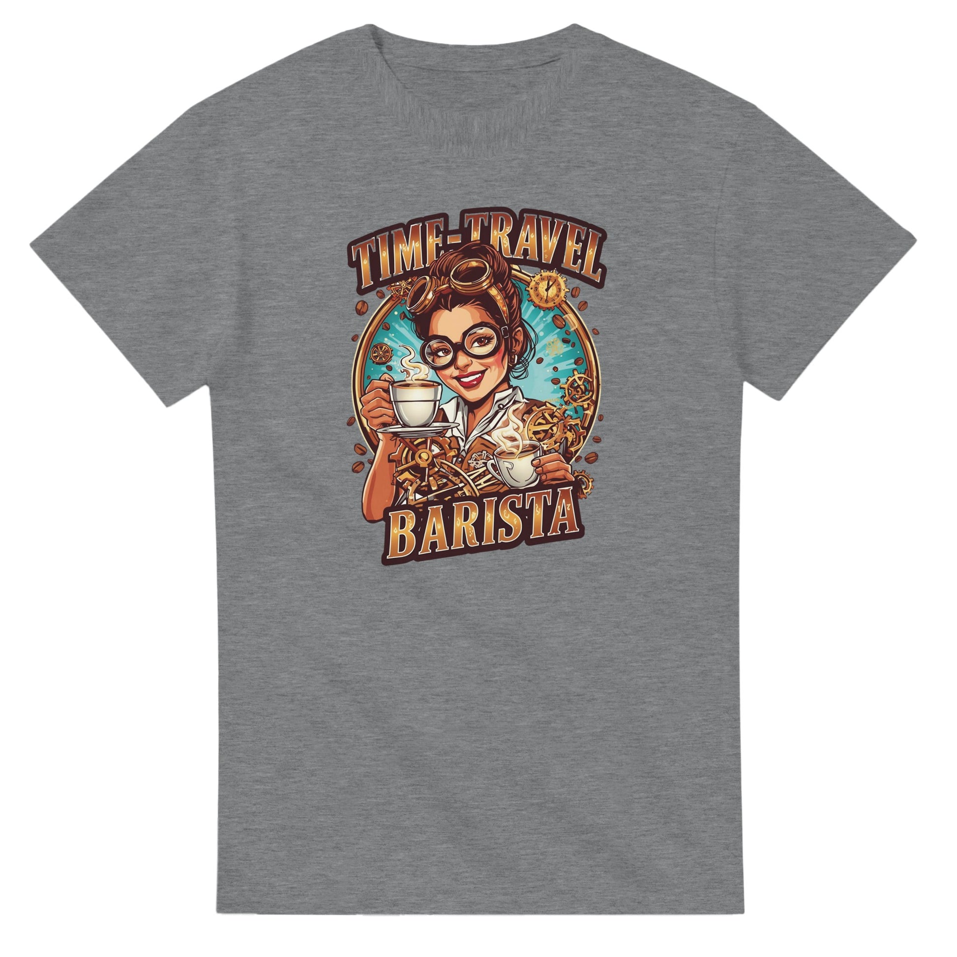 Time-Travel Barista graphic design on a Heavyweight T-shirt