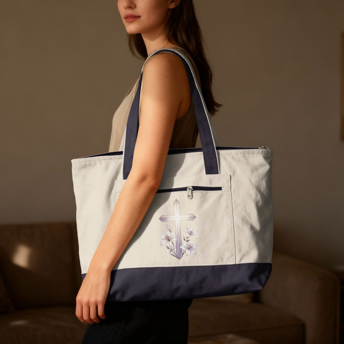 Christian Cross Lilies Beige Navy Blue Zipper Tote product type