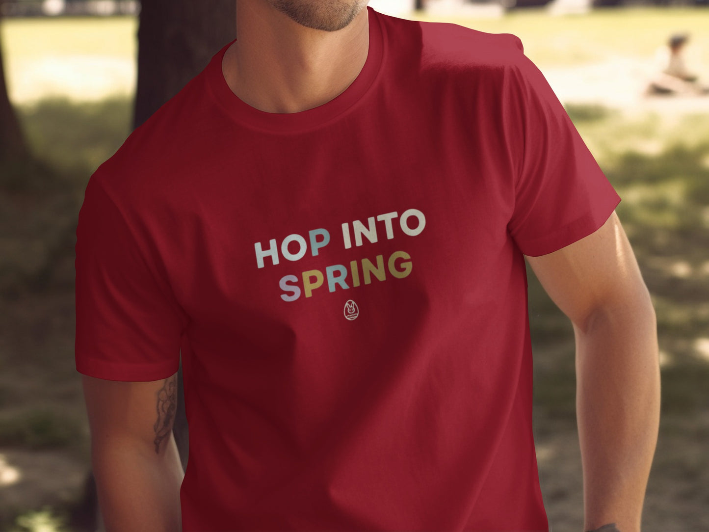 HOP INTO SPRING Seasonal Graphic Design product type
red shirt, spring theme, hop into spring, bunny logo, graphic tee, seasonal shirt, men's shirt, casual top, easter shirt, spring fashion, vibrant red, fun design, text shirt, short sleeve, apparel, tee shirt, spring colors, unique design, comfortable top, outdoors shirt