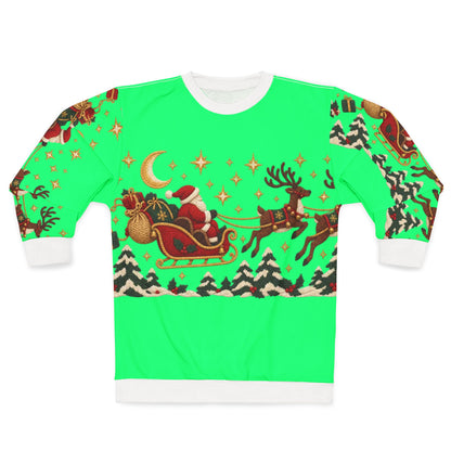 Green sweatshirt with a Christmas pattern featuring Santa, reindeer, and snowy trees.