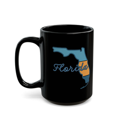 Black mug with Florida outline in blue and orange.