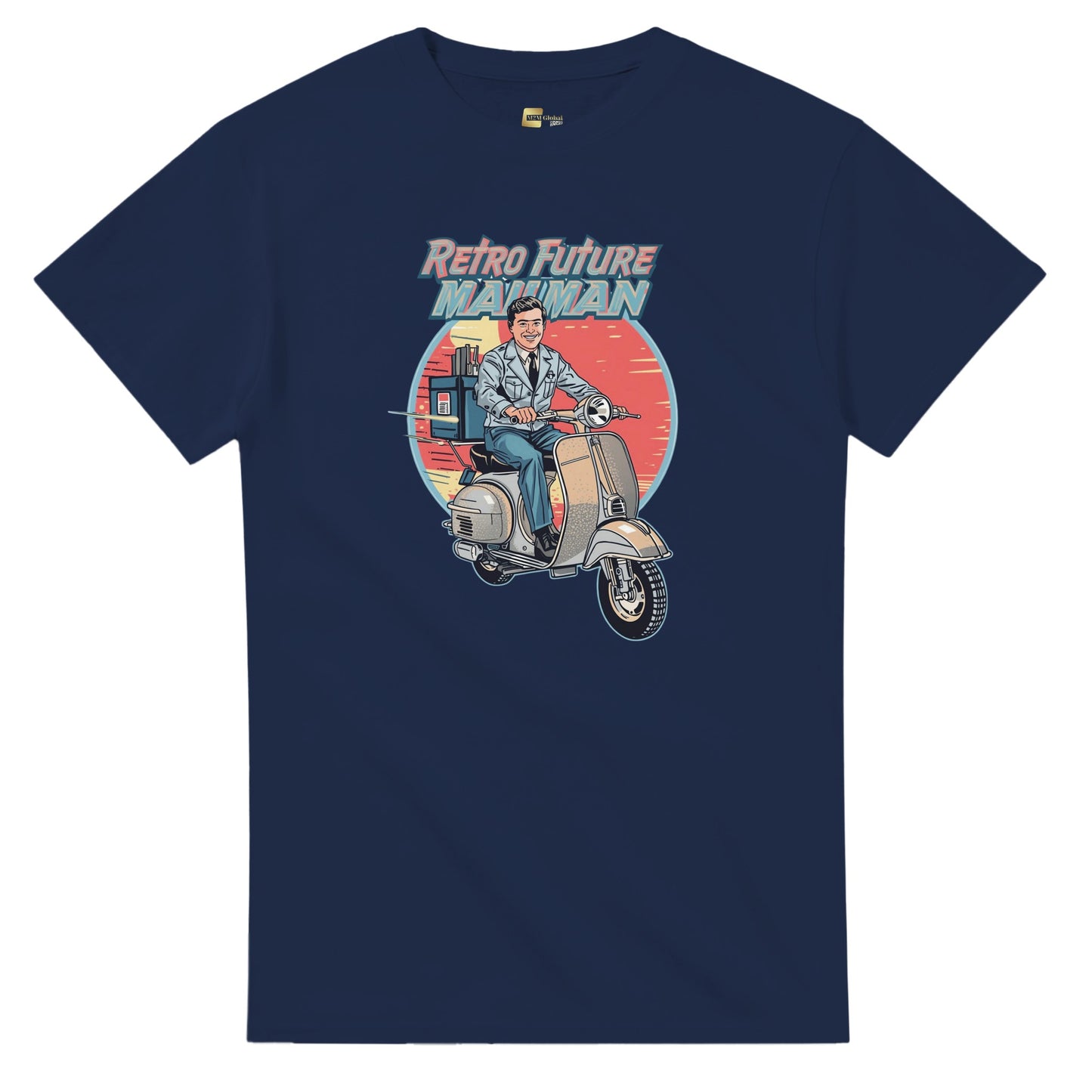 Man wearing a t-shirt with a retro design of a man on a scooter.
