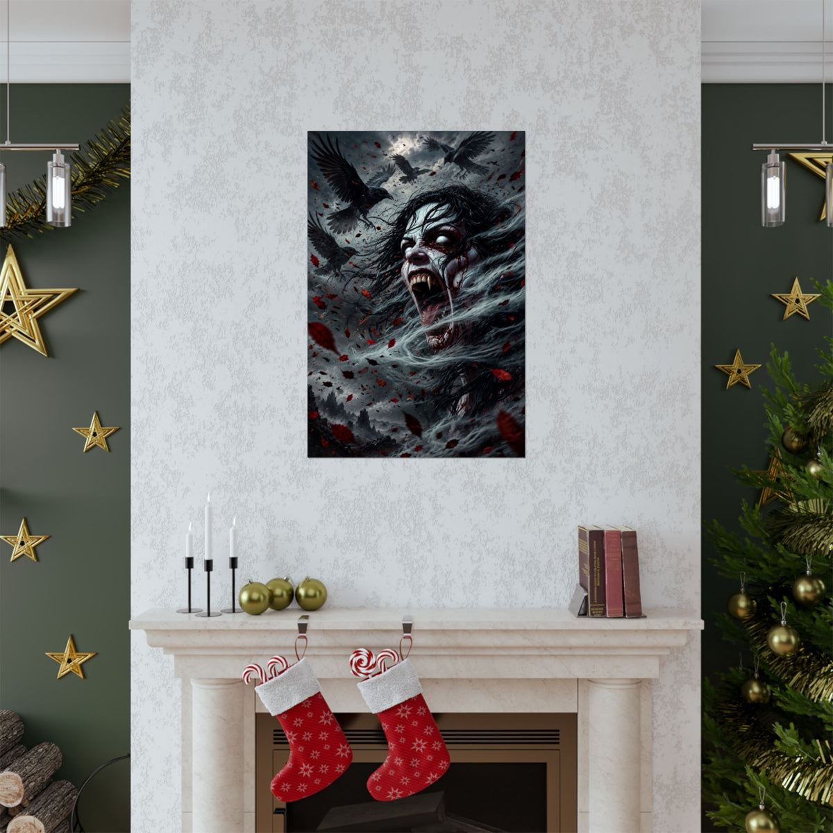 Screaming vampire with fangs, surrounded by crows and red leaves.