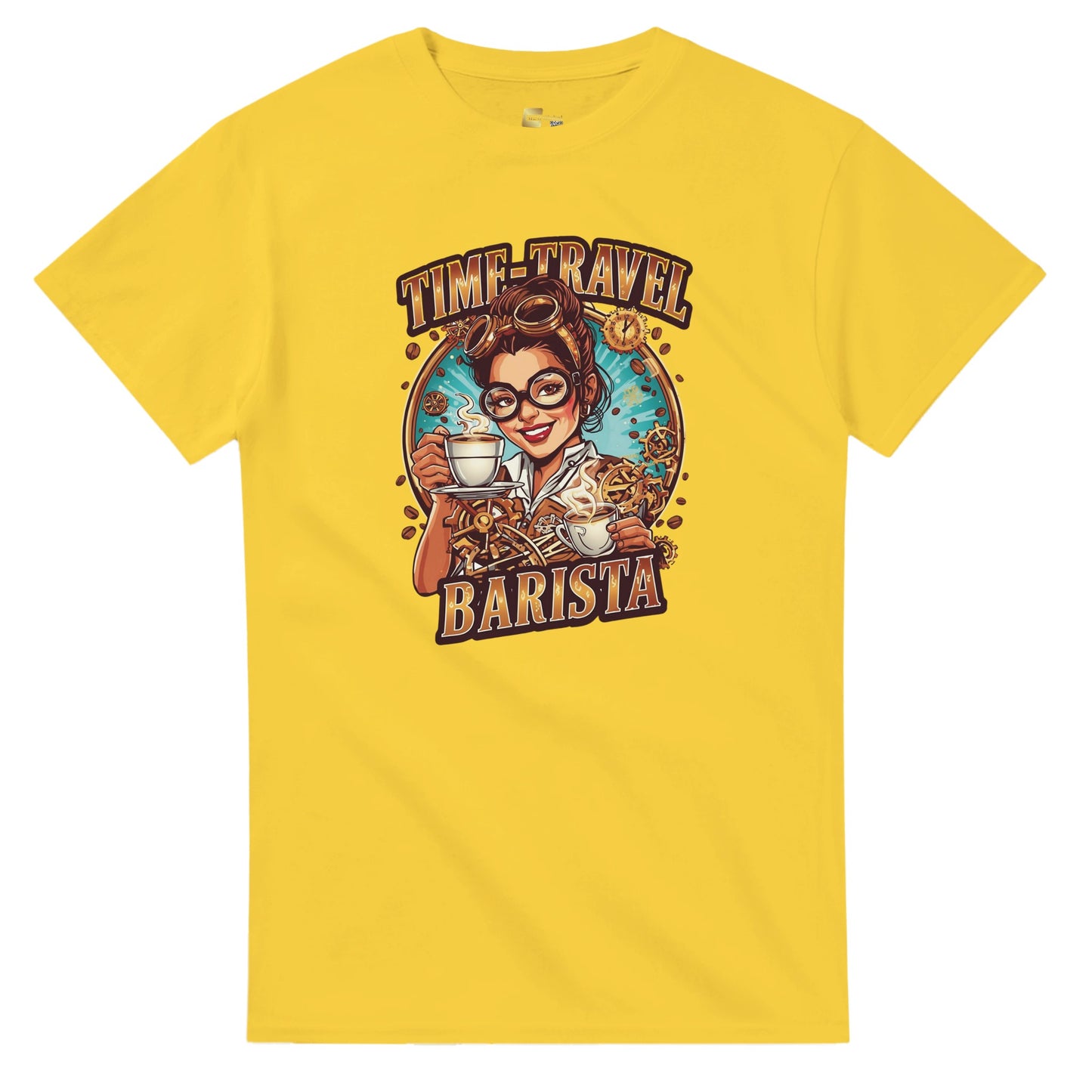 Time-Travel Barista graphic design on a Heavyweight T-shirt