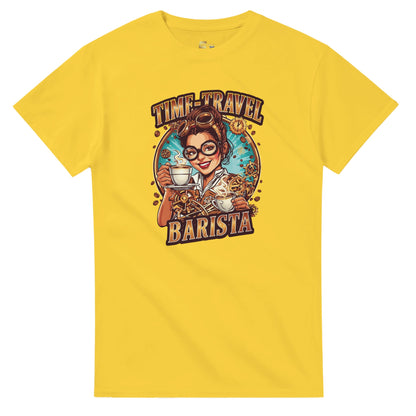 Time-Travel Barista graphic design on a Heavyweight T-shirt