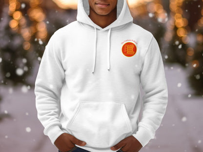 White hoodie with a circular red and yellow logo on the left chest.
