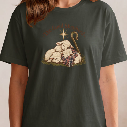 "The Good Shepherd" text above three sleeping sheep with a star and crook.