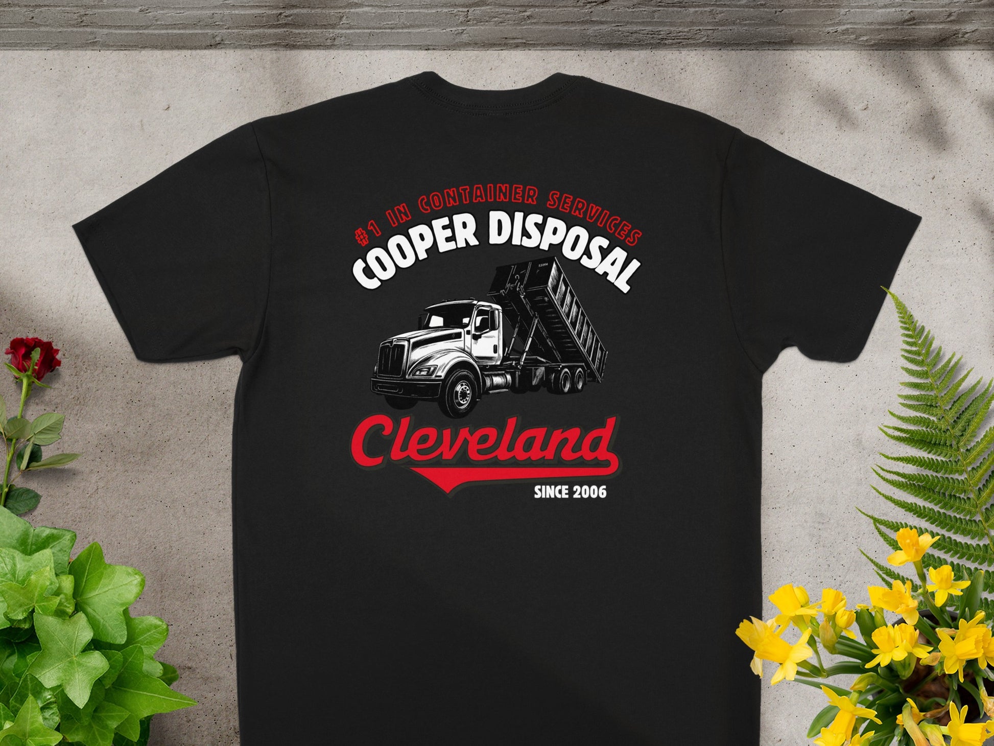 Cooper Disposal #1 in Container Services Cleveland T-shirt, dump truck graphic.
