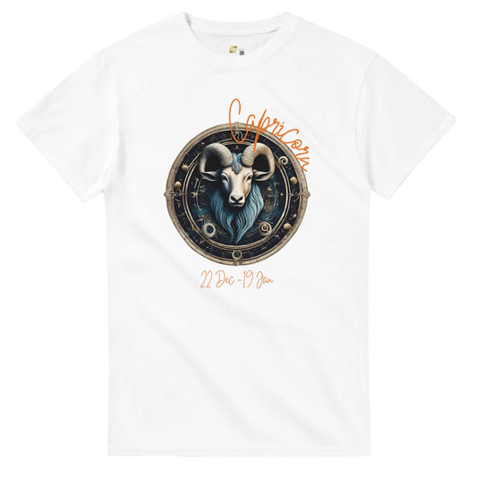 White t-shirt with Capricorn zodiac design on a white background