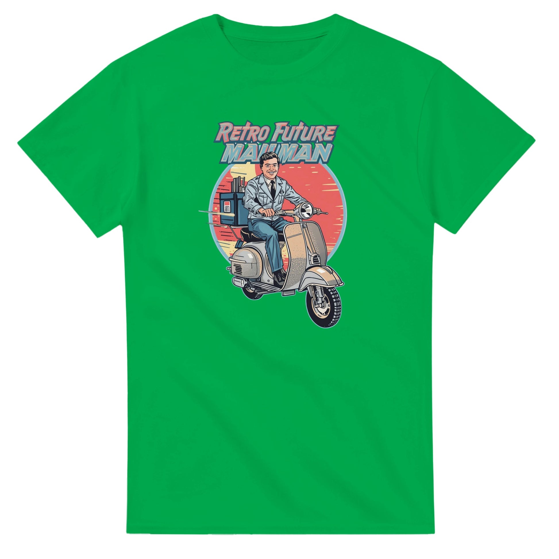 Man wearing a t-shirt with a retro design of a man on a scooter.