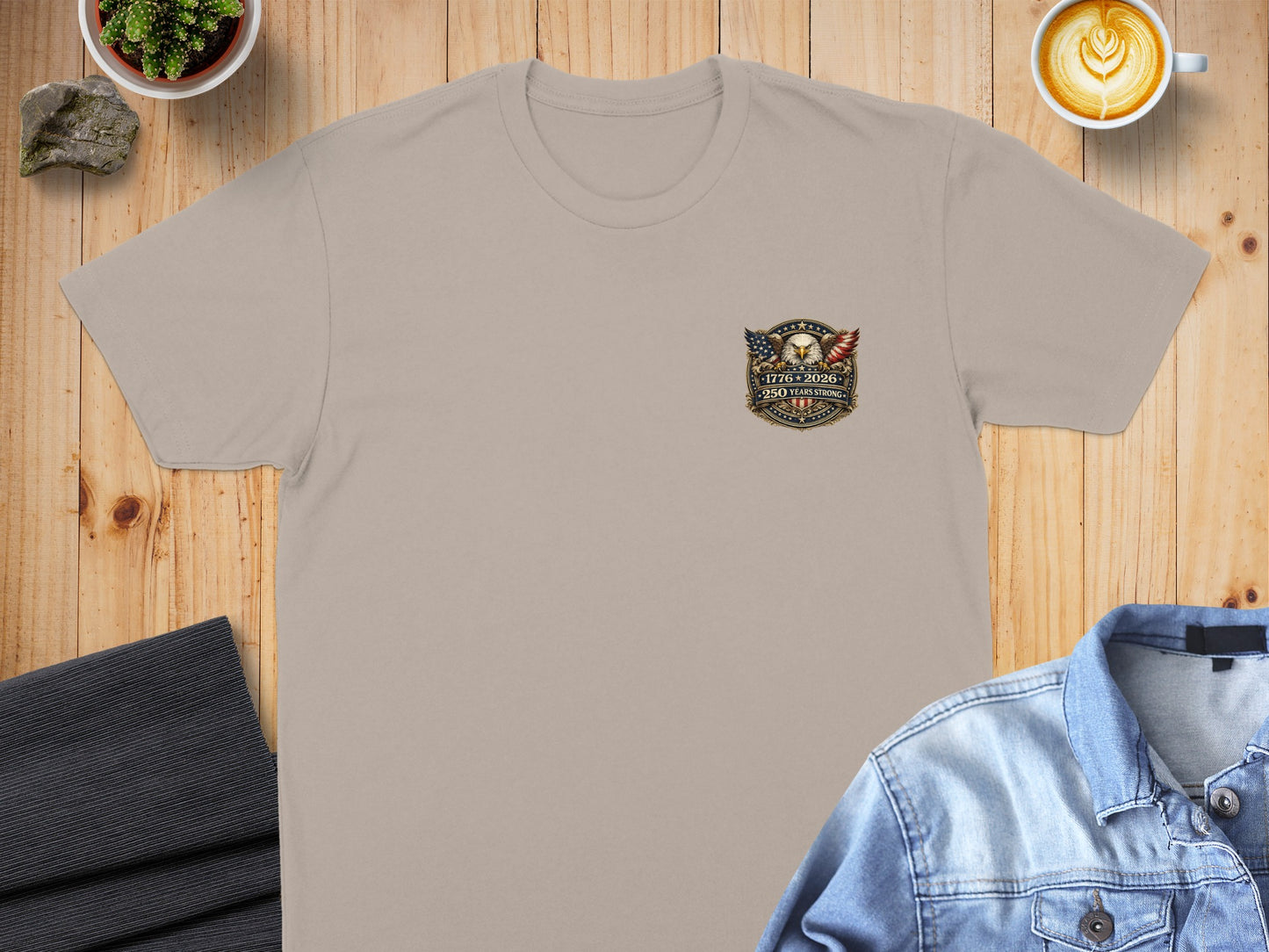 Tan t-shirt with 1776-2026 250 Years of Freedom emblem.