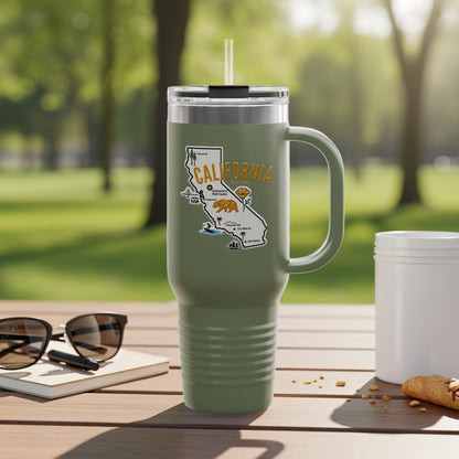 Green travel mug with California map and cities design.