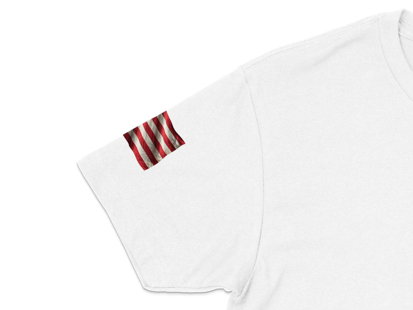 White t-shirt sleeve with small American flag graphic.