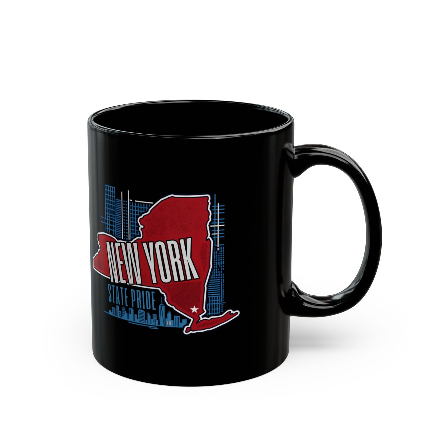 Black mug with New York State outline and city skyline graphic.