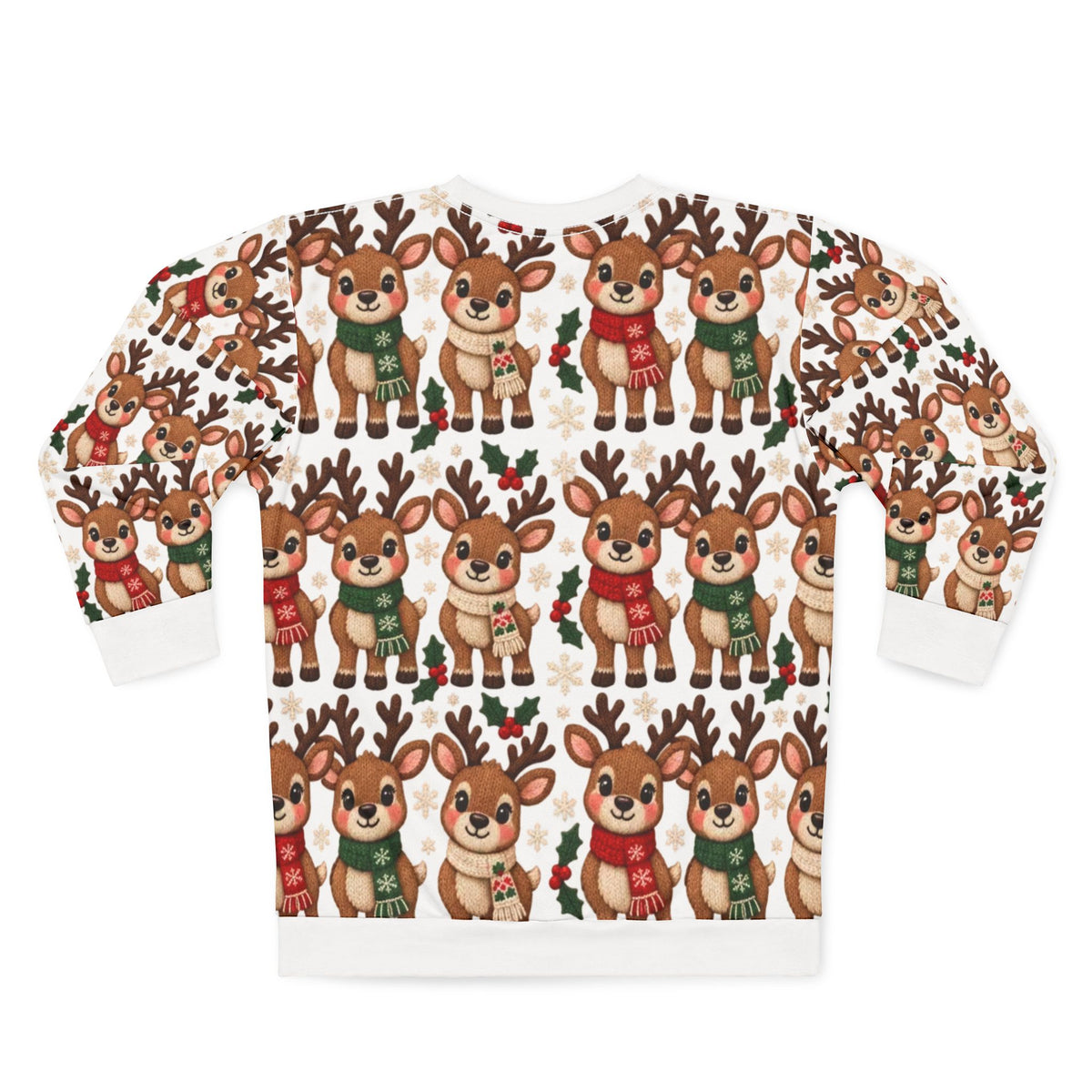 White sweatshirt with repeating pattern of cartoon deer wearing scarves and snowflakes.