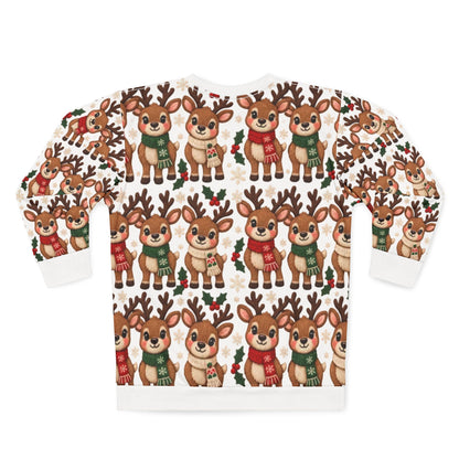 White sweatshirt with repeating pattern of cartoon deer wearing scarves and snowflakes.