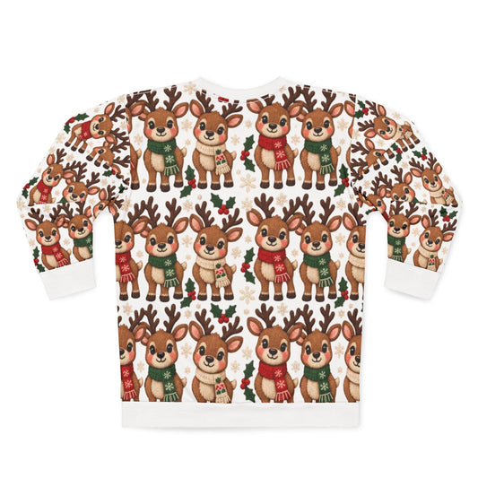 White sweatshirt with repeating pattern of cartoon deer wearing scarves and snowflakes.