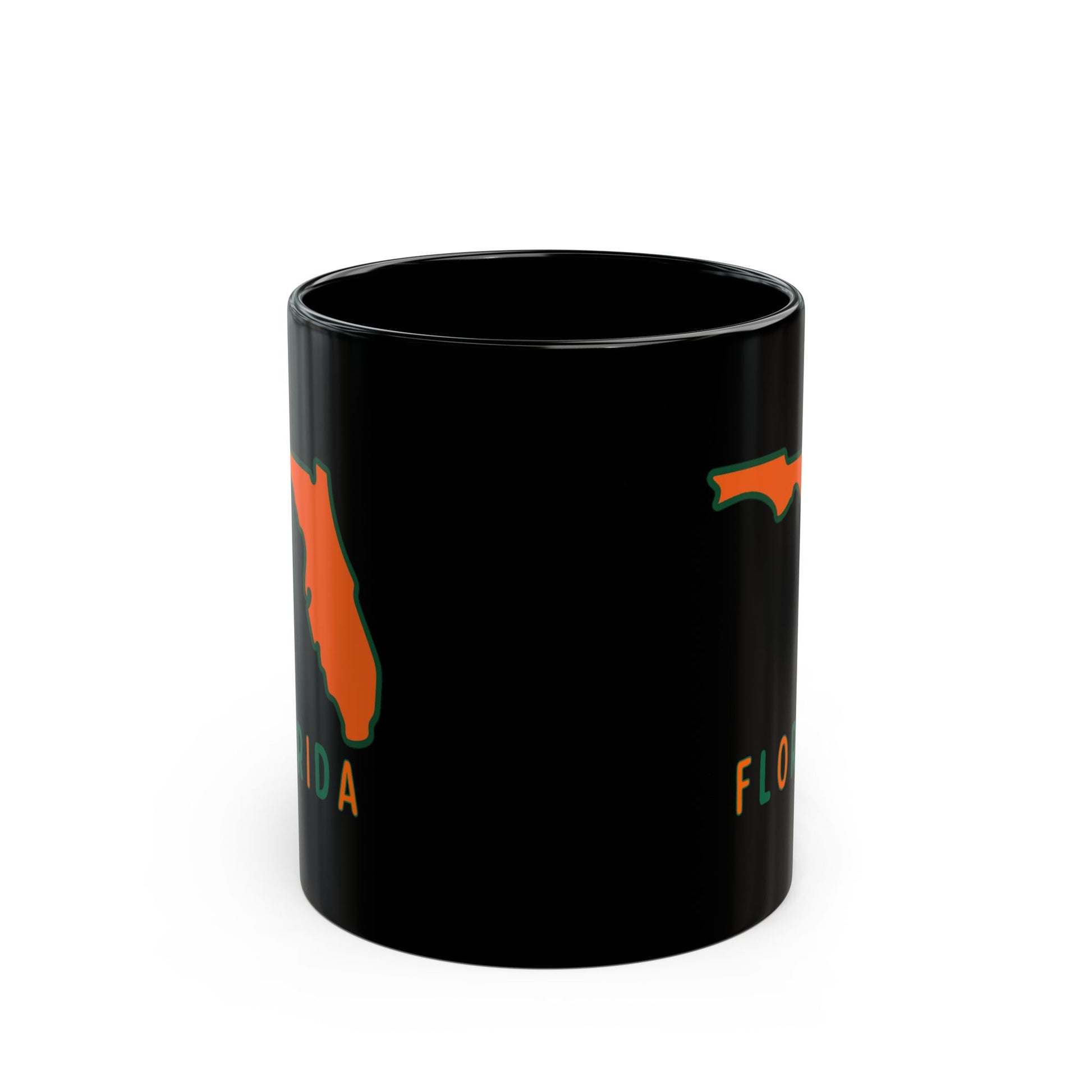 Black mug with orange Florida outline and text "FLORIDA"