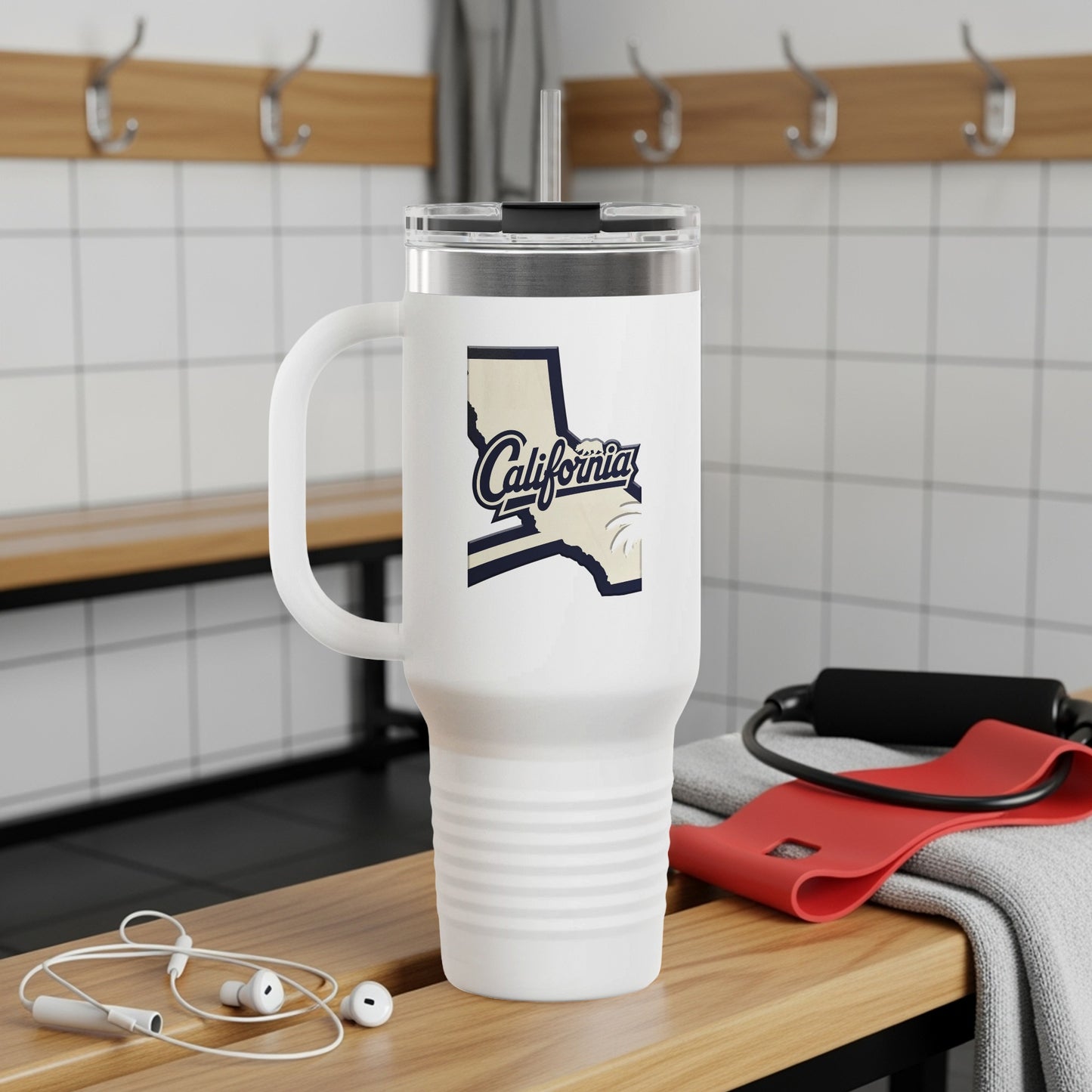 Travel tumbler with California map and cities illustration.