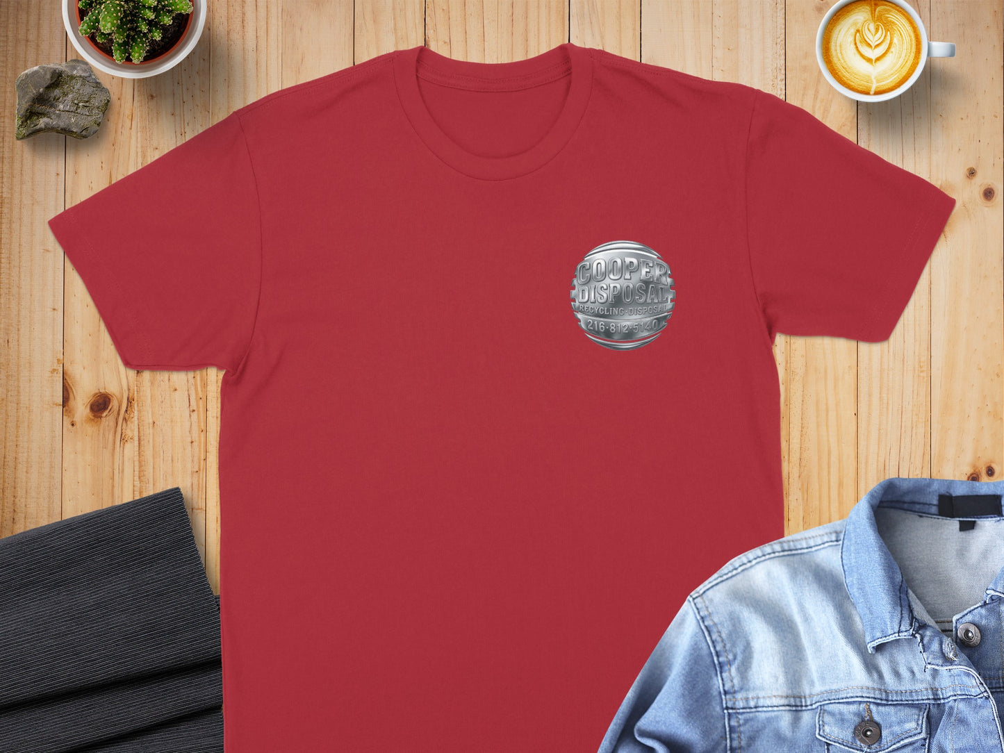 Red t-shirt with Cooper Disposal logo on the chest.
