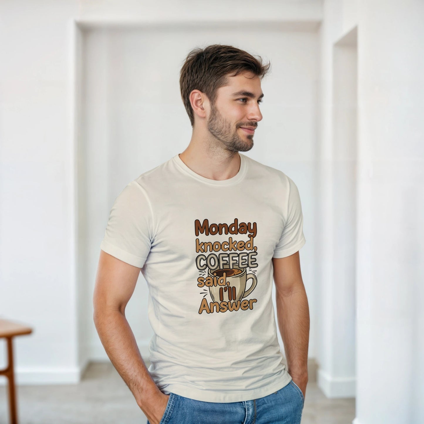 Monday Knocked, Coffee Said I'll Answer on a Heavyweight Humor & Caffeine T on a Shirt