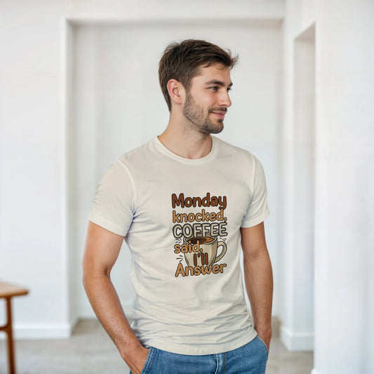 Monday Knocked, Coffee Said I'll Answer on a Heavyweight Humor & Caffeine T on a Shirt