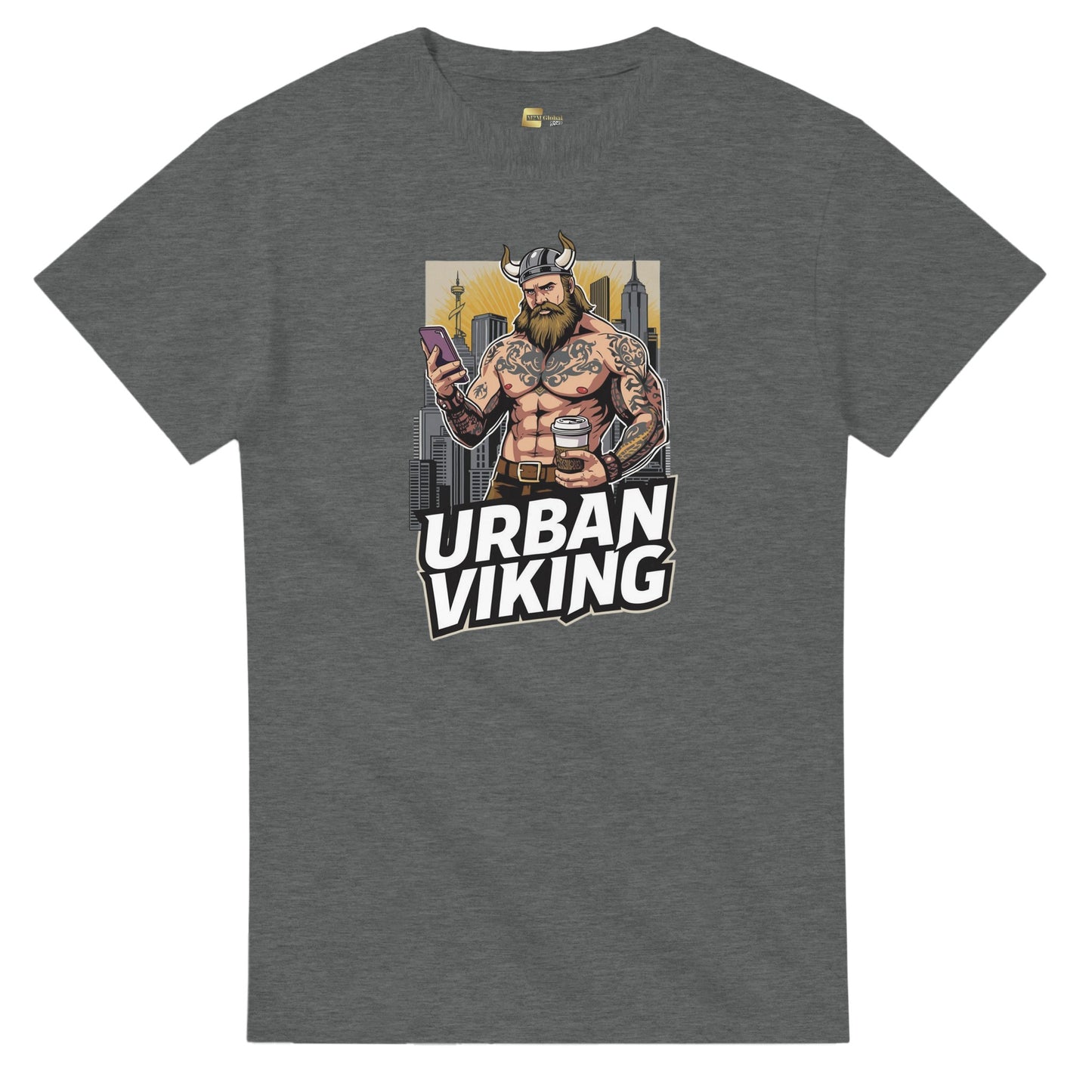 Person wearing a gray t-shirt with 'Urban Viking' graphic design in an indoor setting
