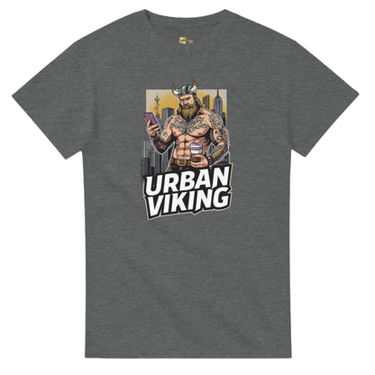 Person wearing a gray t-shirt with 'Urban Viking' graphic design in an indoor setting
