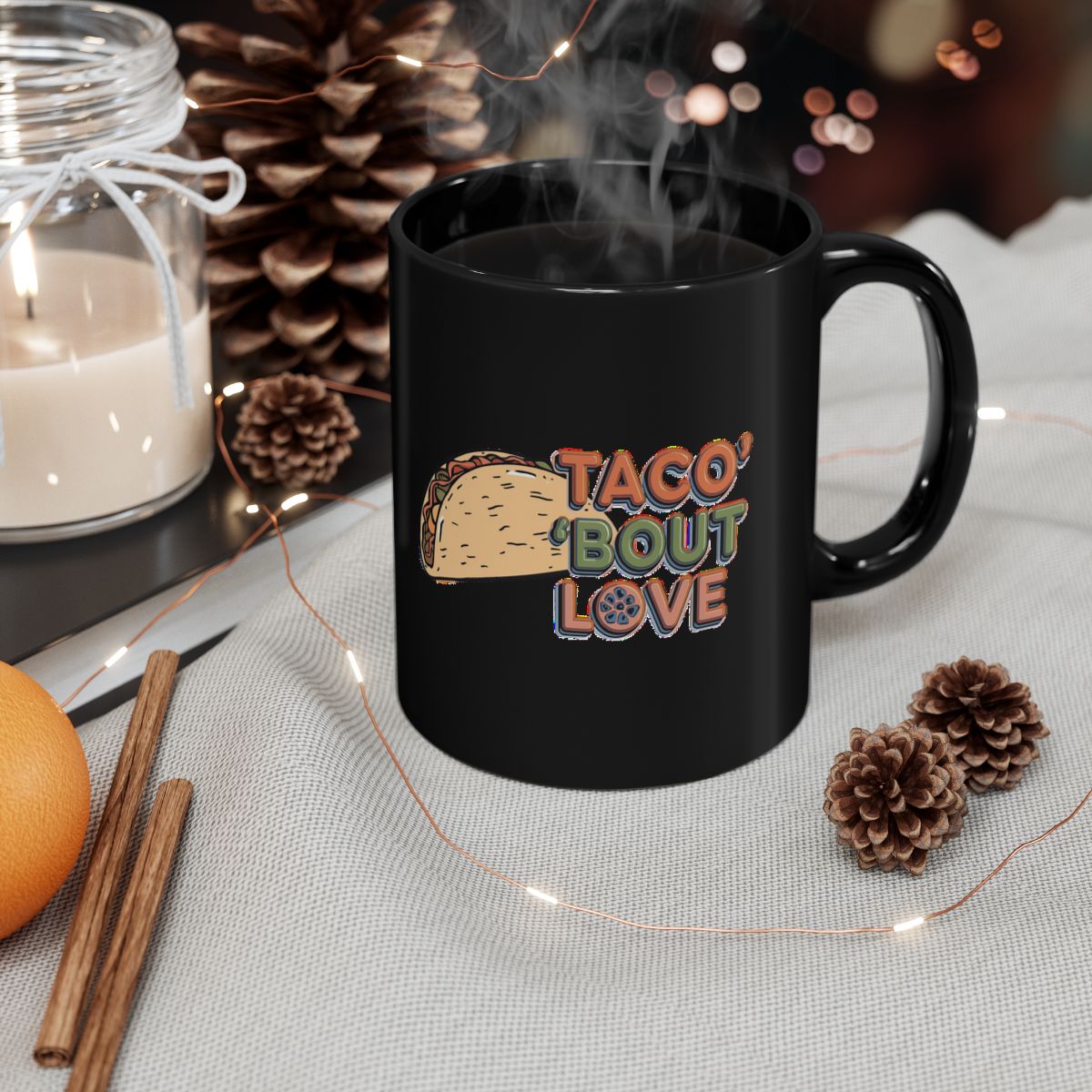 Taco 'Bout Love phrase with a Vintage & Retro design on an 11/15oz Black Mug