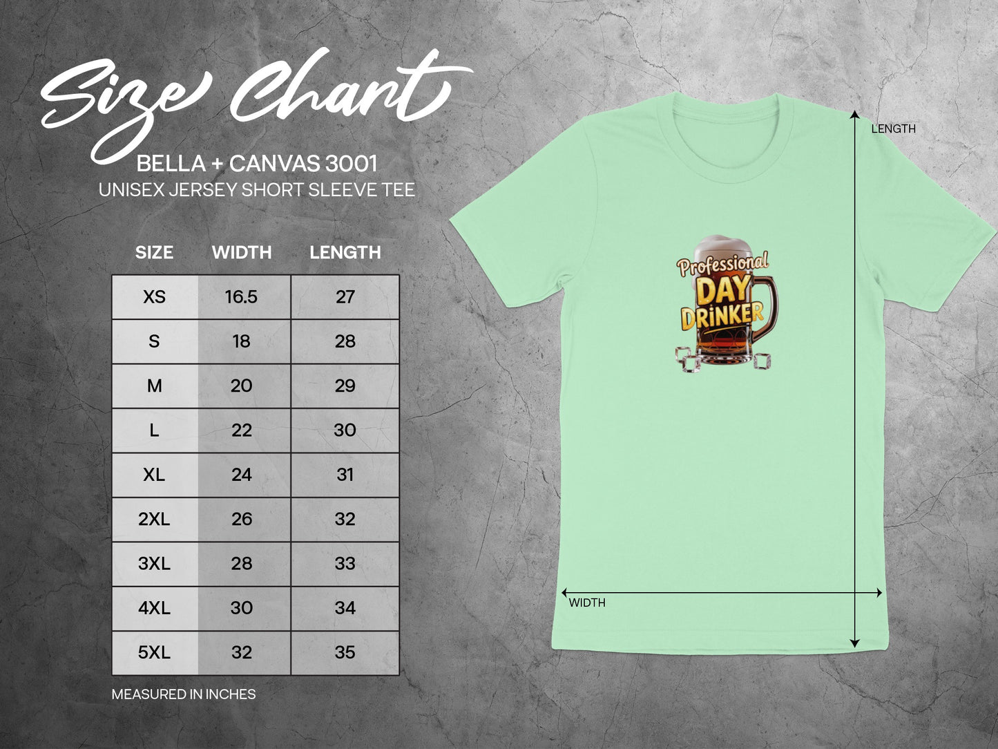 Professional Day Drinker T-Shirt with Size Chart Guide