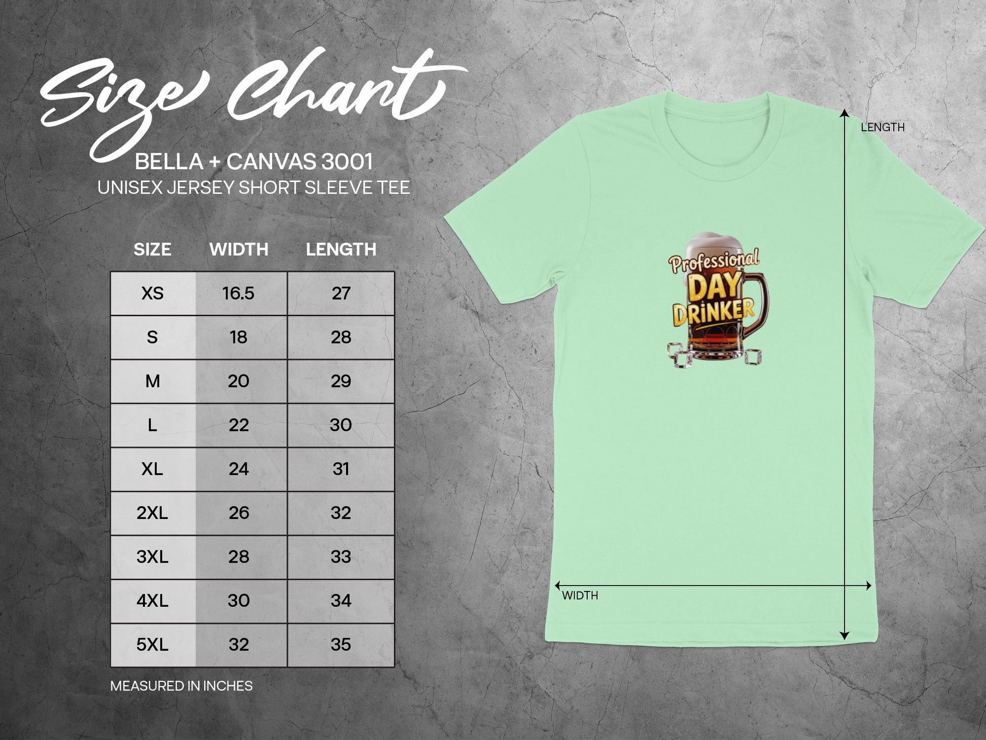 Professional Day Drinker T-Shirt with Size Chart Guide