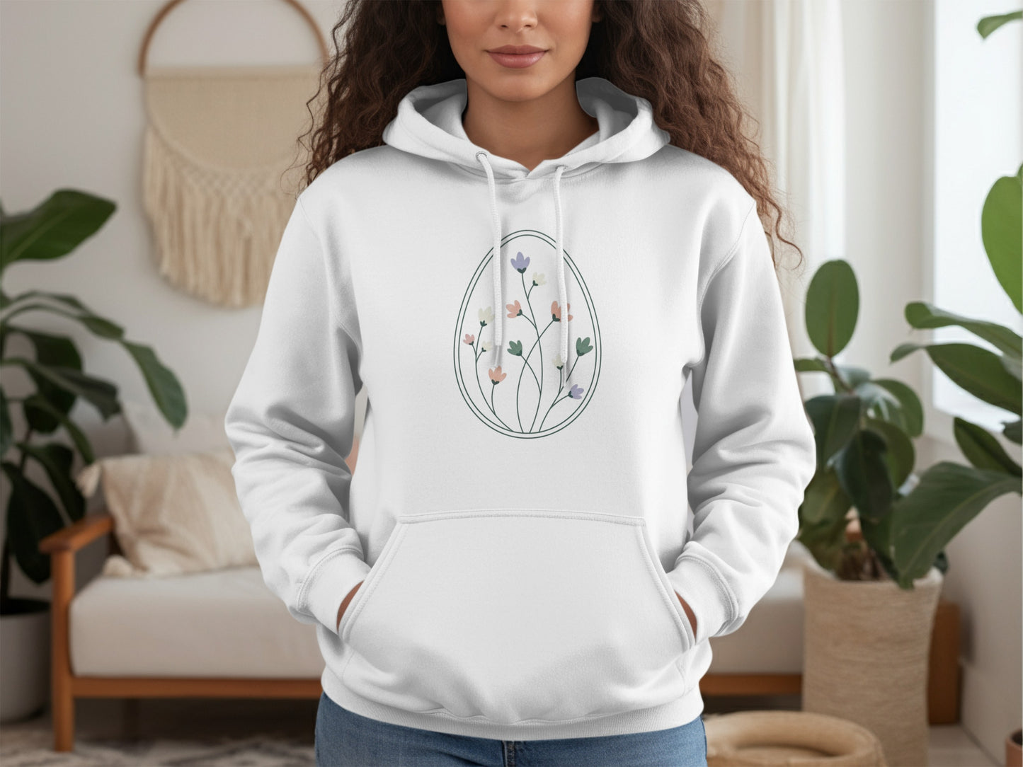 Floral Egg Design White Hoodie for a Cozy Look