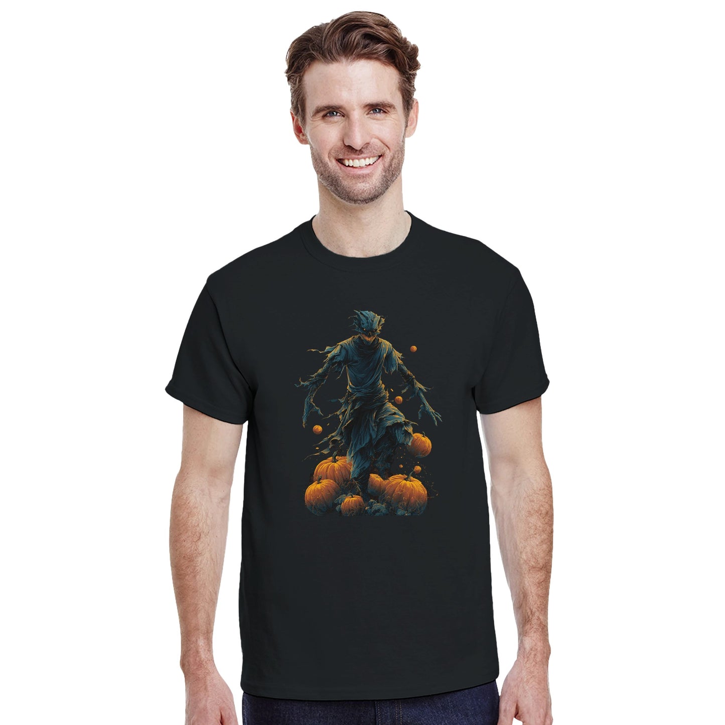 Haunting Harvest Scarecrow on a Heavyweight T-shirt