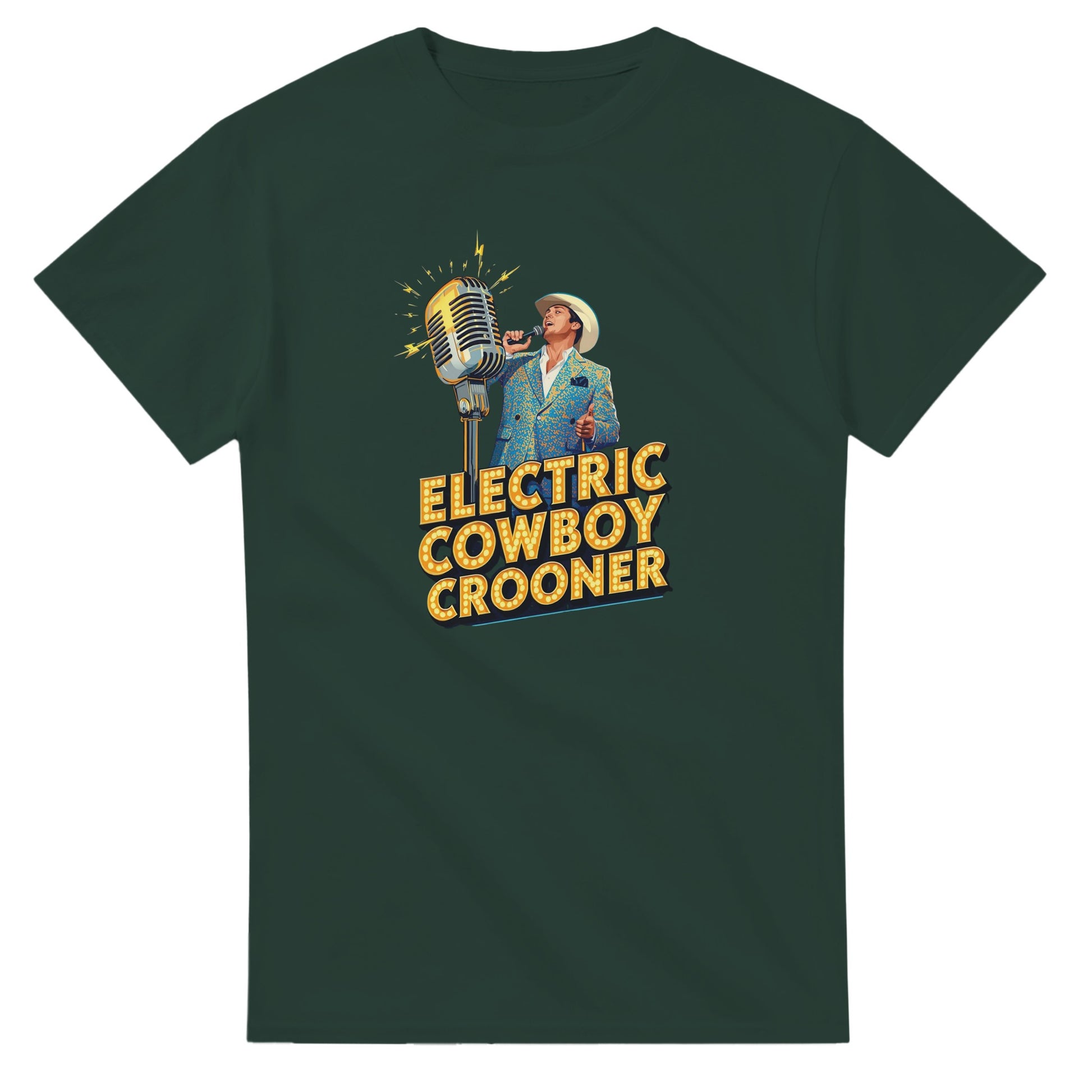 Person wearing a blue t-shirt with 'Electric Cowboy Crooner' design in a mall setting