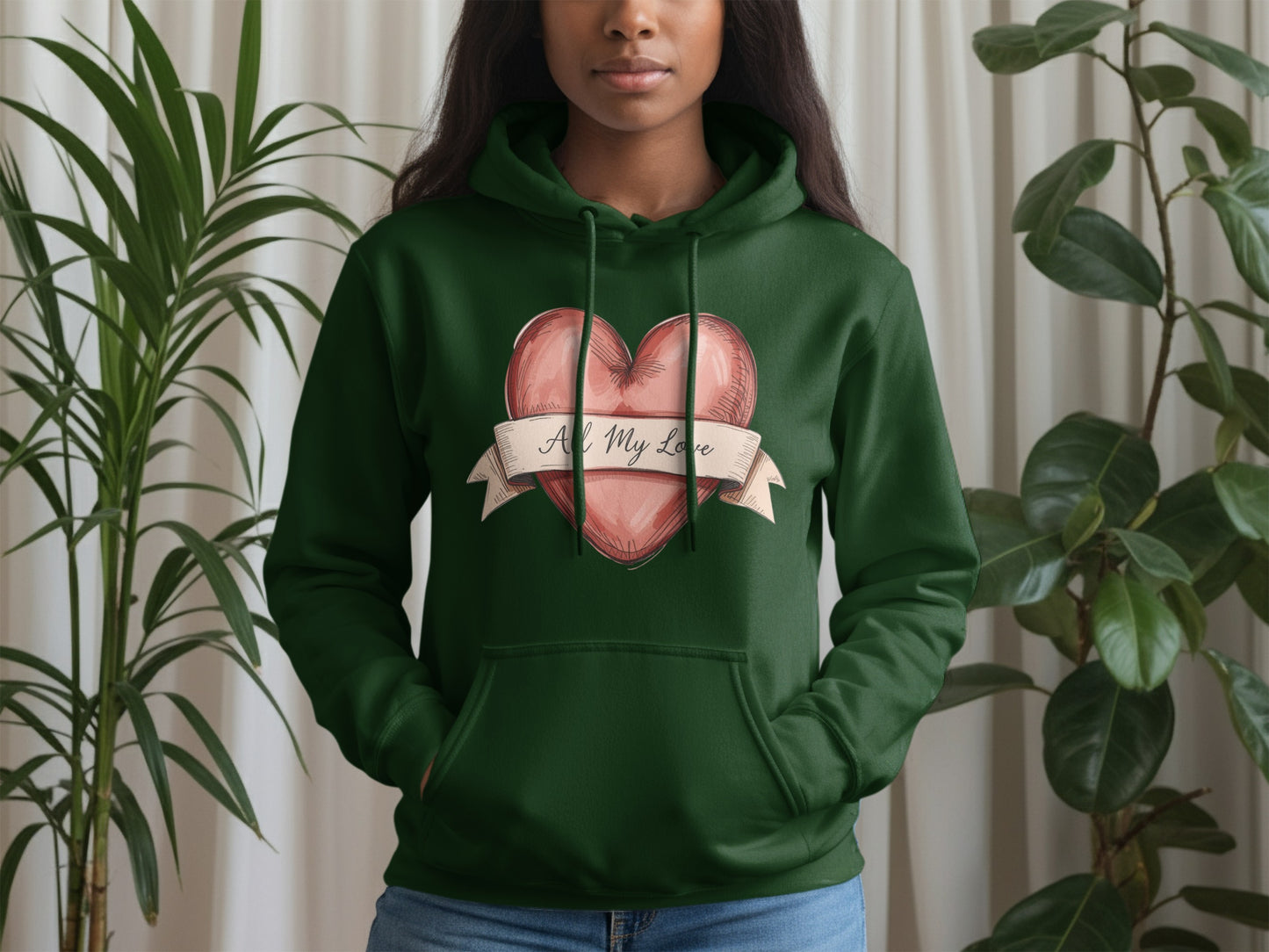 All My Love heart design green hoodie for women