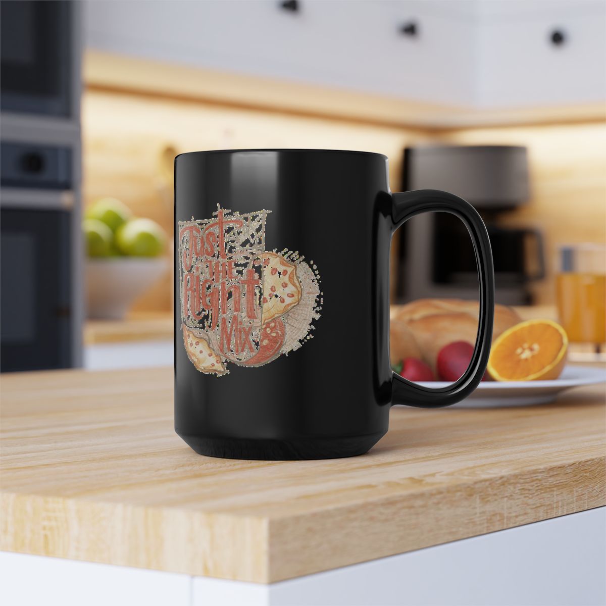 Chips and Salsa Dip with Just the Right Mix text phrase on an 11/15oz Black Mug