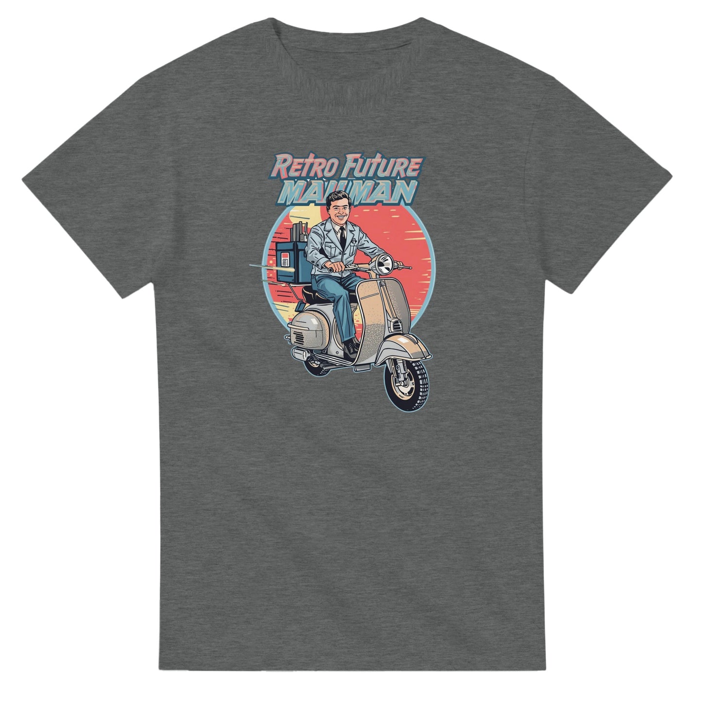 Man wearing a t-shirt with a retro design of a man on a scooter.
